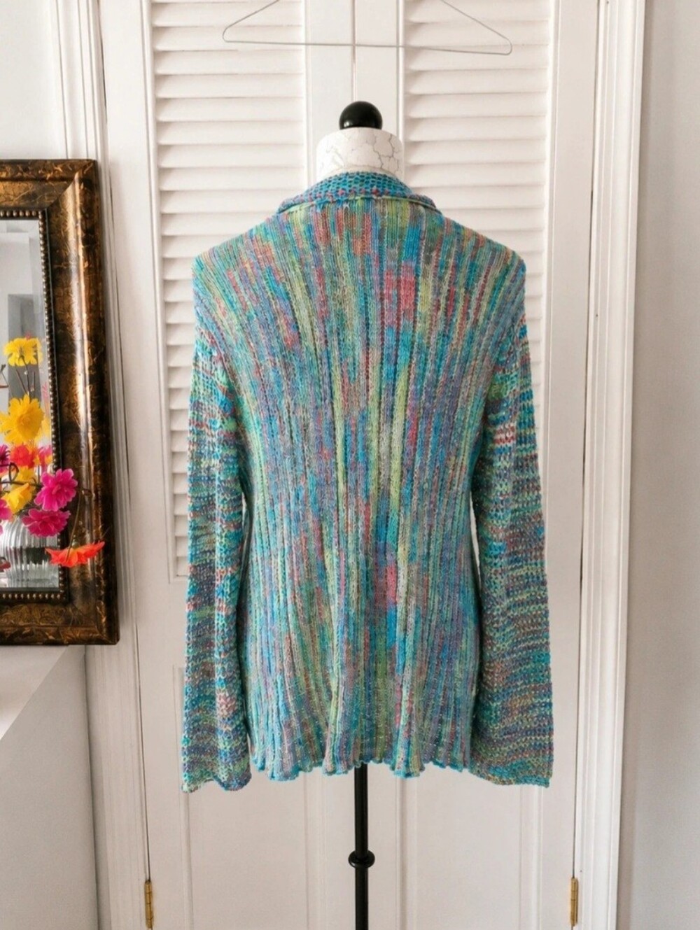 Krazy Kat Coastal Open Knit Cardigan Blue Multicolor Festival M - Picture 3 of 10